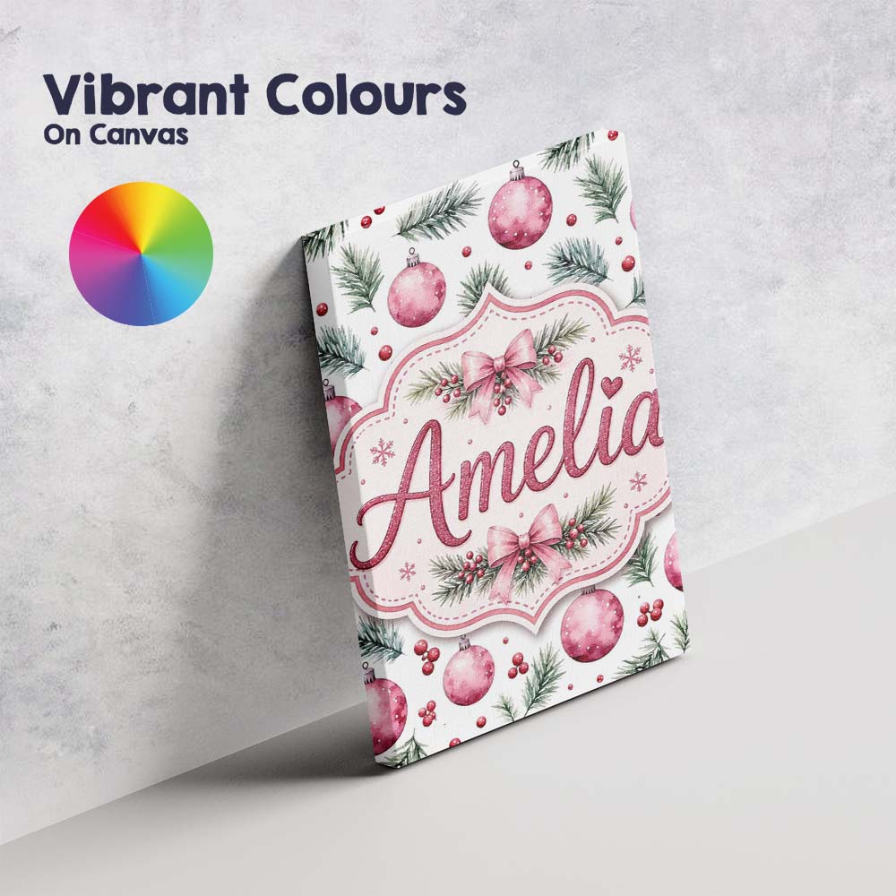 Personalised Name Watercolor Pink Baubles Custom  Unique Gift Idea Elegant Feature Canvas Wall Art Print Decor Picture Ready to Hang