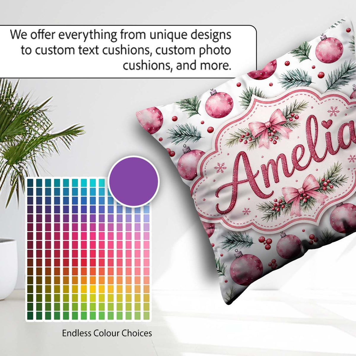 Custom Name Watercolor Pink Baubles Pine Branches Berry Seamless Square Filled Cushion Throw Pillow Sofa Bed Home Decor Zip Washable UK Made