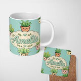 Personalized Custom Name Cute Kawaii Smiling Plant Pots Leaves Seamless Pattern Mint Lovely 11oz Ceramic Coffee Tea Mug White Large Handle