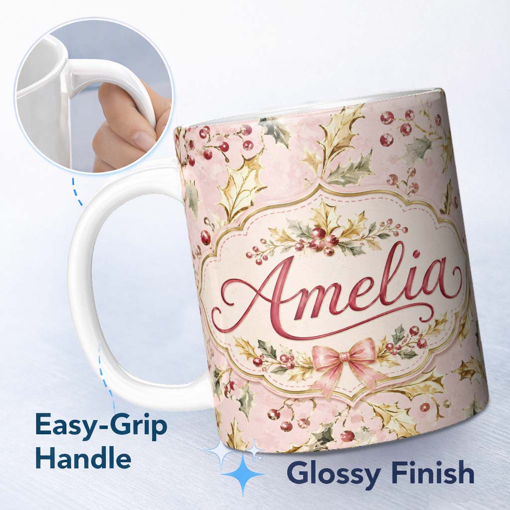 Personalized Custom Name Elegant Gold Holly Berry Soft Pink Festive Seamless Pattern Lovely 11oz Ceramic Coffee Tea Mug White Large Handle