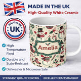 Personalized Custom Name Cute Snowman Candy Cane Christmas Tree Festive Seamless Pattern 11oz Ceramic Coffee Tea Mug White Large Handle