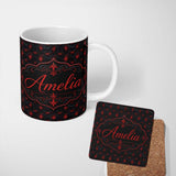 Personalized Custom Name Dark Red Gothic Floral Damask Seamless Pattern Stylish Everyday Mug 11oz Ceramic Coffee Tea Mug White Large Handle