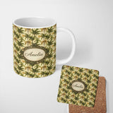 Personalized Custom Name Classic Palm Tree Repeat Pattern in Olive and Golden Tones on Beige 11oz Ceramic Coffee Tea Mug White Large Handle