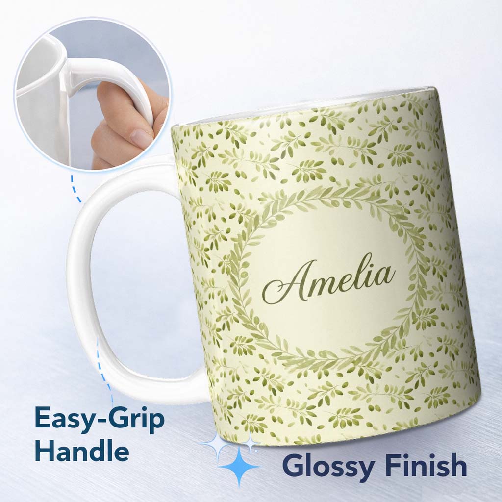 Personalized Custom Name Light Olive Leaves Seamless Pattern Minimal Botanical Nature Design 11oz Ceramic Coffee Tea Mug White Large Handle