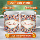 Personalized Custom Name Vibrant Retro Marble Swirl Blue Orange Cream Abstract Pattern Lovely 11oz Ceramic Coffee Tea Mug White Large Handle