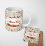 Personalized Custom Name Vintage Cake Slice Seamless Pattern Dessert Food Illustration Design 11oz Ceramic Coffee Tea Mug White Large Handle
