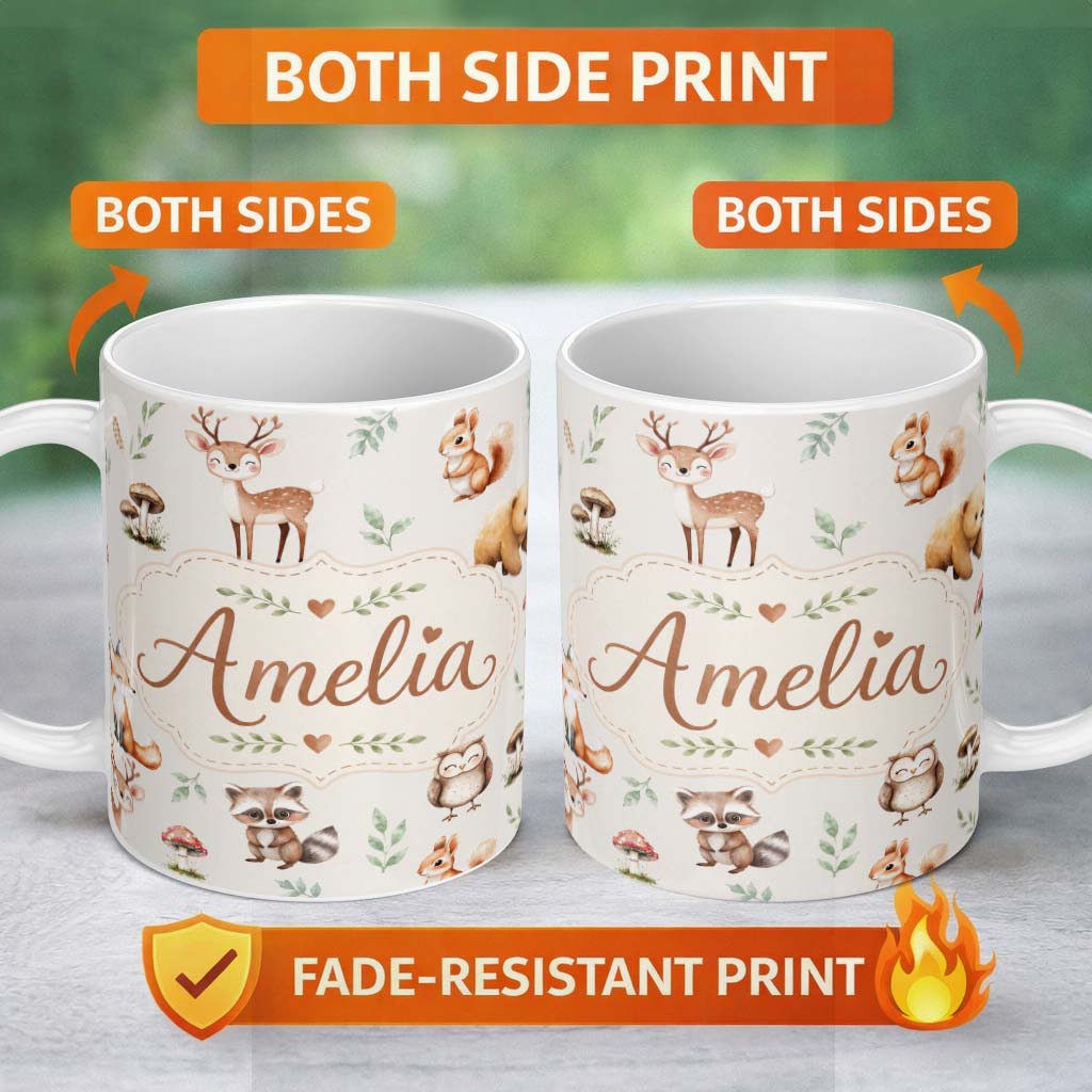Personalized Custom Name Woodland Deer Bear Fox Owl Raccoon Leaves Mushrooms Light Grey 11oz Ceramic Coffee Tea Mug White Large Handle