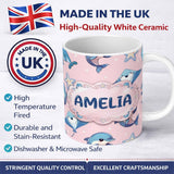 Personalized Custom Name Cute Dolphin Stingray Starfish Cartoon Sea Life Pattern Pink Lovely 11oz Ceramic Coffee Tea Mug White Large Handle