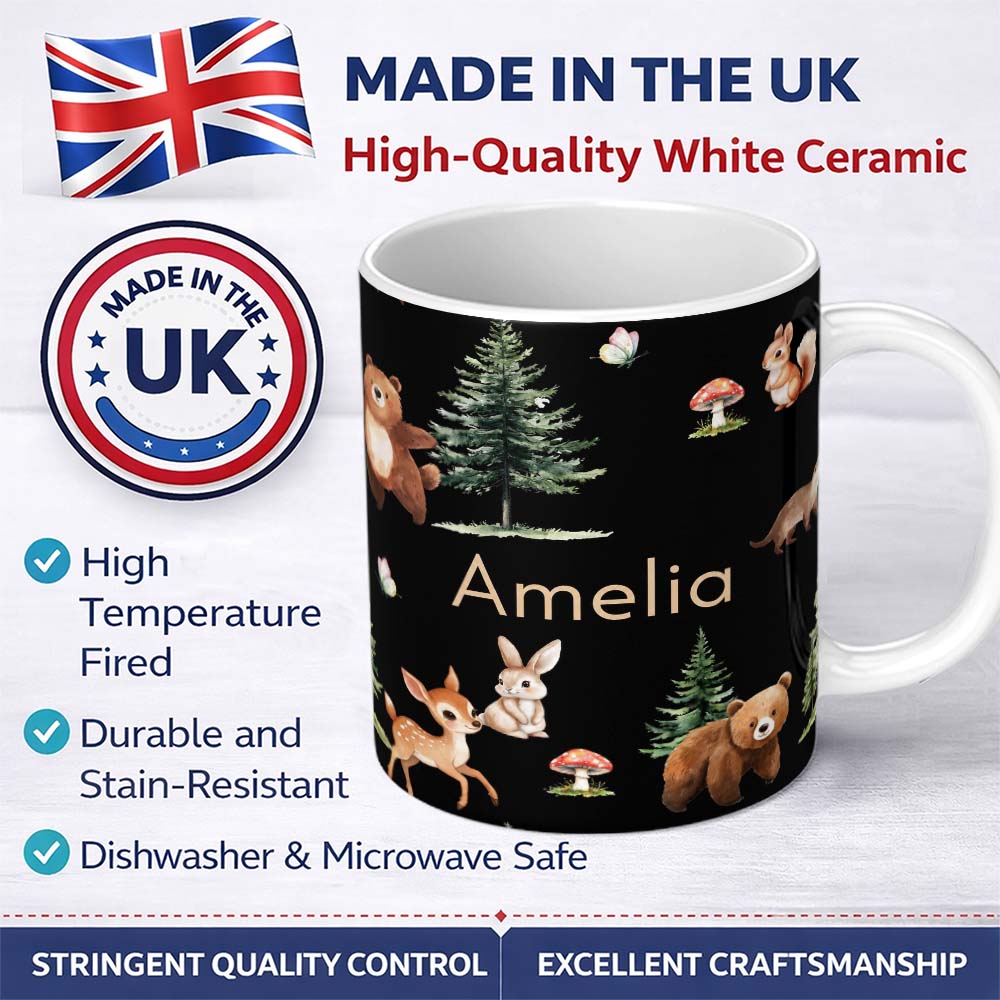 Personalized Custom Name Woodland Animals Bear Deer Bunny Trees Mushrooms Butterfly Seamless 11oz Ceramic Coffee Tea Mug White Large Handle