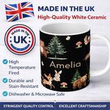 Personalized Custom Name Woodland Animals Bear Deer Bunny Trees Mushrooms Butterfly Seamless 11oz Ceramic Coffee Tea Mug White Large Handle