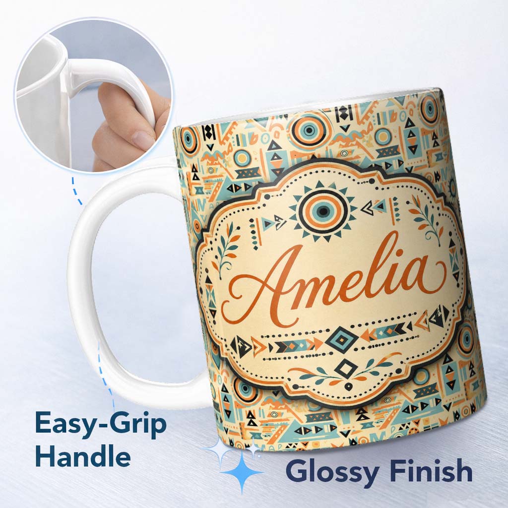 Personalized Custom Name Geometric Pattern with Circles and Shapes in Teal Orange and Cream 11oz Ceramic Coffee Tea Mug White Large Handle