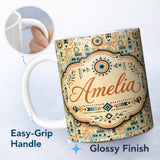Personalized Custom Name Geometric Pattern with Circles and Shapes in Teal Orange and Cream 11oz Ceramic Coffee Tea Mug White Large Handle
