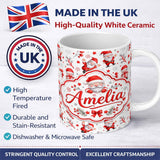 Personalized Custom Name Cute Santa Claus Gift Stars Snowflakes Seamless Pattern Lovely 11oz Ceramic Coffee Tea Mug White Large Handle
