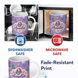 Personalized Custom Name Cute Cartoon Mermaid with Sea Creatures on Purple Background Playful 11oz Ceramic Coffee Tea Mug White Large Handle
