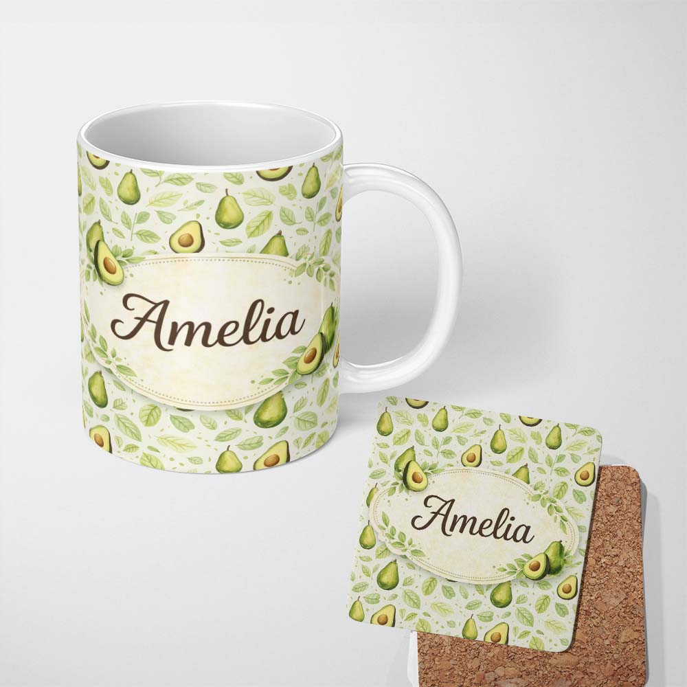 Personalized Custom Name Avocado Leaf Fresh Green Pattern Stylish Everyday Mug Lovely 11oz Ceramic Coffee Tea Mug White Large Handle