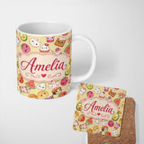 Personalized Custom Name Cute Kawaii Food Characters Seamless Pattern Yellow Background Fun 11oz Ceramic Coffee Tea Mug White Large Handle