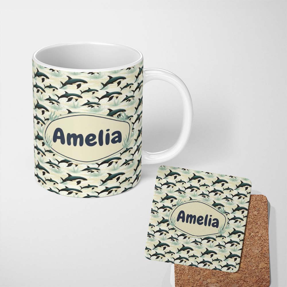 Personalized Custom Name Orca Whale Coastal Landscape Seamless Pattern Ocean Nature Scene 11oz Ceramic Coffee Tea Mug White Large Handle