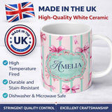 Personalized Custom Name Watercolor Pink Ribbon Bow Seamless Pattern with Mint Green Stripes 11oz Ceramic Coffee Tea Mug White Large Handle