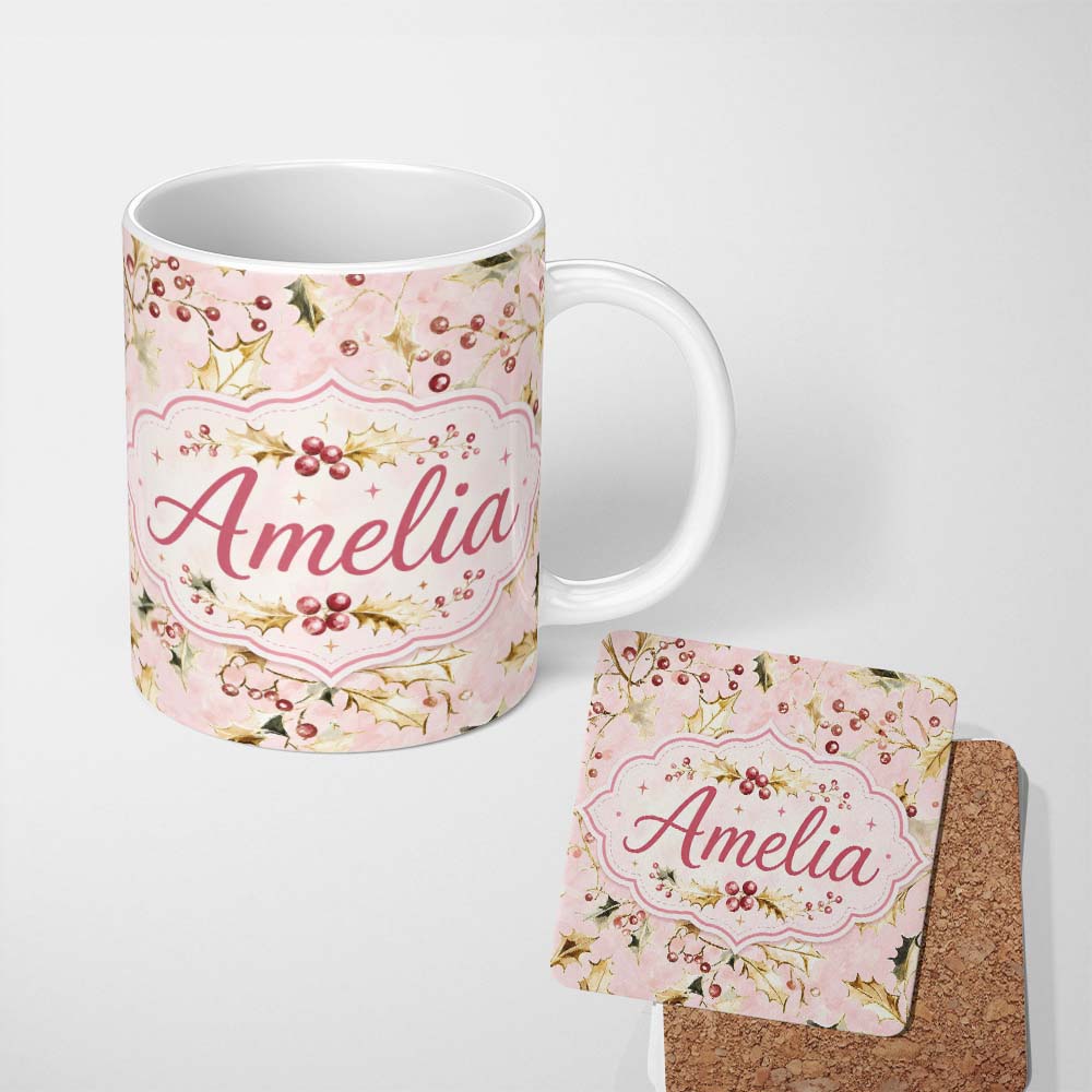 Personalized Custom Name Elegant Gold Holly Berry Pink Background Seamless Pattern Lovely 11oz Ceramic Coffee Tea Mug White Large Handle