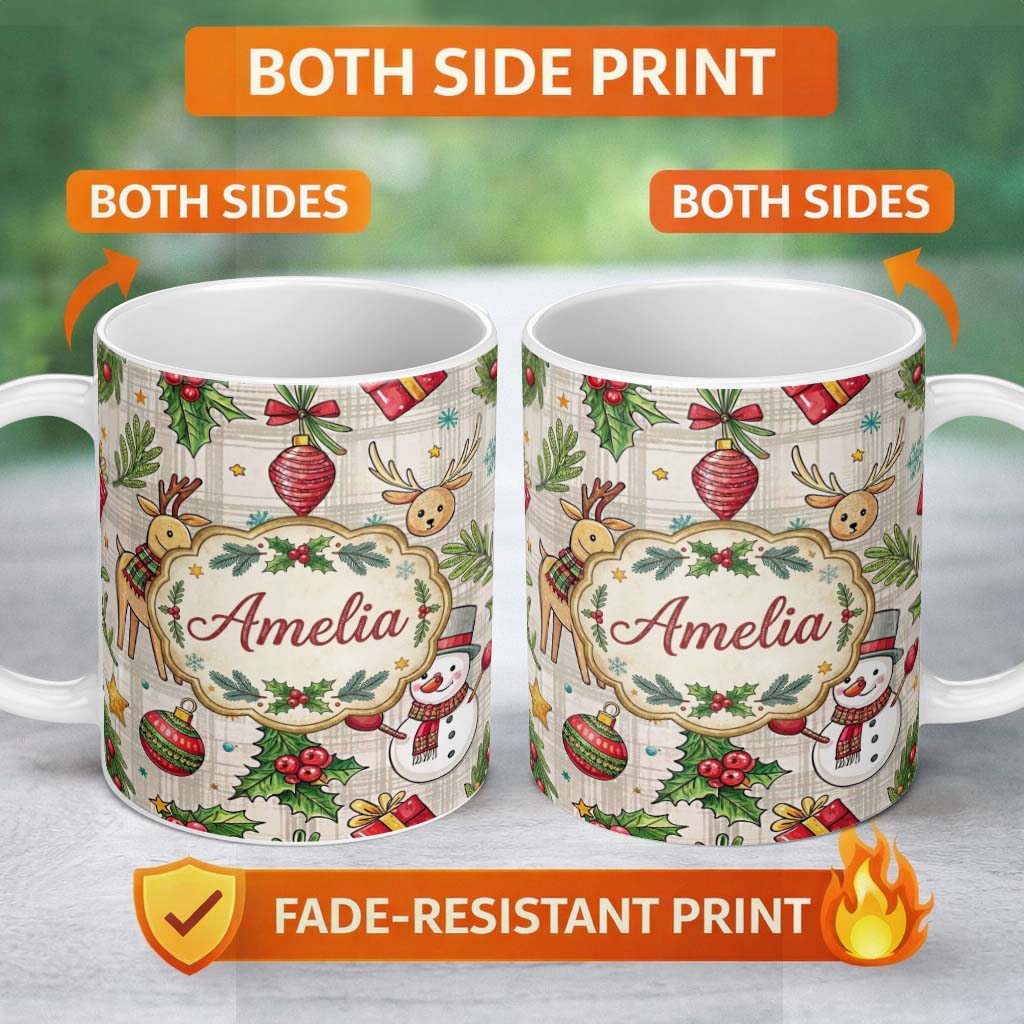 Personalized Custom Name Festive Christmas Reindeer Wreath Snowman Seamless Pattern Lovely 11oz Ceramic Coffee Tea Mug White Large Handle