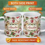 Personalized Custom Name Festive Christmas Reindeer Wreath Snowman Seamless Pattern Lovely 11oz Ceramic Coffee Tea Mug White Large Handle