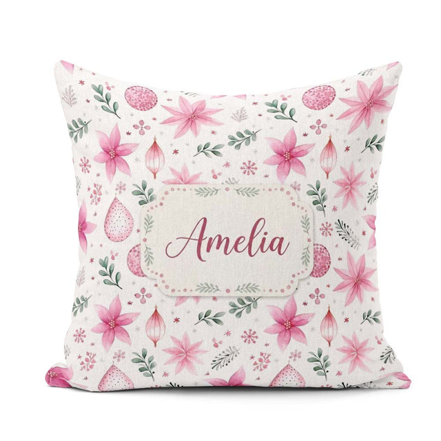 Custom Name Soft Pink Floral Christmas Elements Seamless Pattern Square Filled Cushion Throw Pillow Sofa Bed Home Decor Zip Washable UK Made
