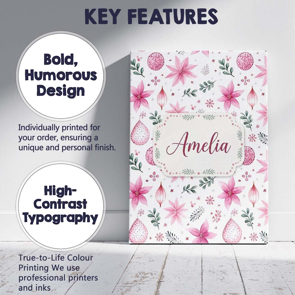 Personalised Name Soft Pink Floral Christmas Custom Bespoke  Contemporary Display Canvas Wall Art Print Decor Picture Ready to Hang