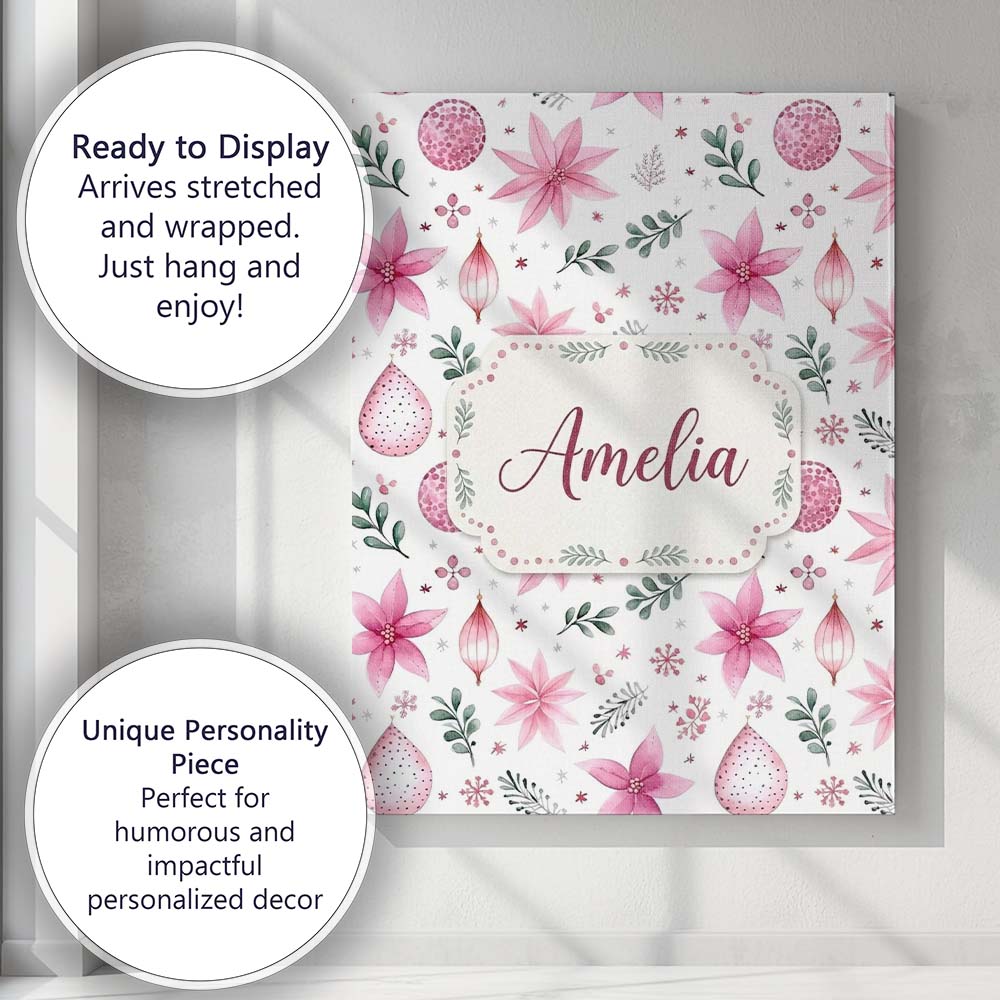 Personalised Name Soft Pink Floral Christmas Custom Bespoke  Contemporary Display Canvas Wall Art Print Decor Picture Ready to Hang