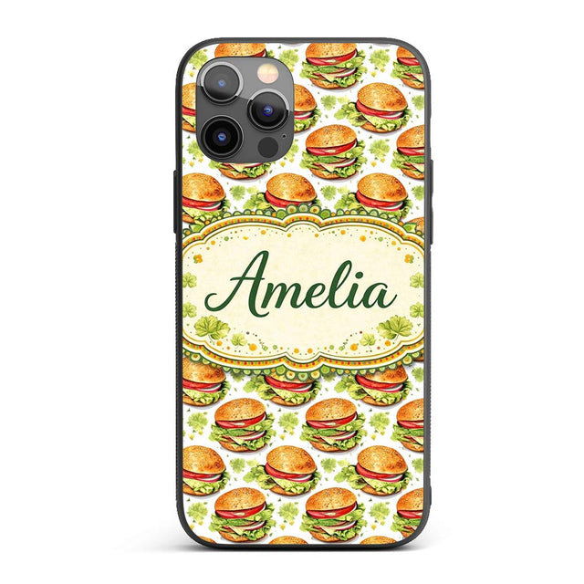 Watercolor Fresh Burger Seamless Pattern White Custom Name Protective Phone Case Mobile Cover Durable Everyday Smartphone Shock Resistant