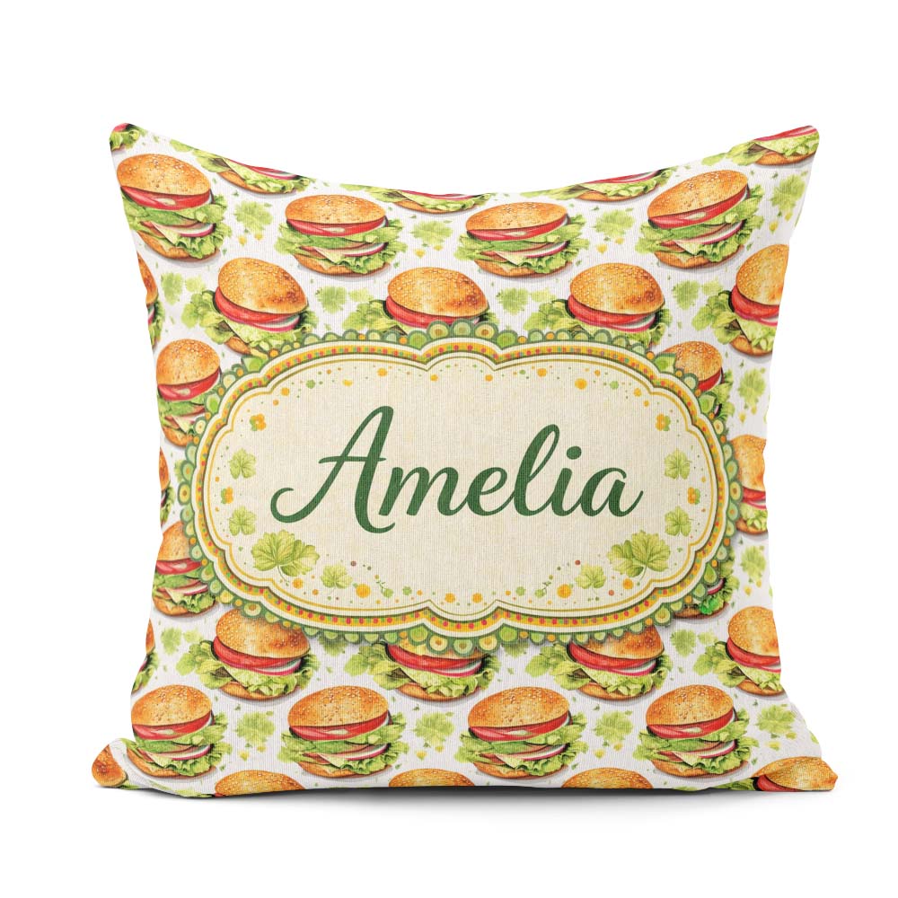 Custom Name Watercolor Fresh Burger Seamless Pattern White Food Square Filled Cushion Throw Pillow Sofa Bed Home Decor Zip Washable UK Made