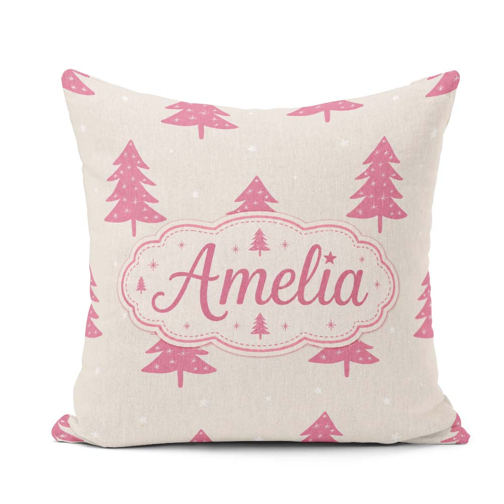 Custom Name Minimal Pink Christmas Trees Seamless Pattern Lovely Square Filled Cushion Throw Pillow Sofa Bed Home Decor Zip Washable UK Made