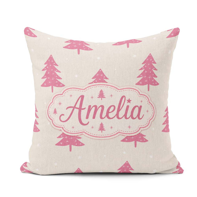 Custom Name Minimal Pink Christmas Trees Seamless Pattern Lovely Square Filled Cushion Throw Pillow Sofa Bed Home Decor Zip Washable UK Made