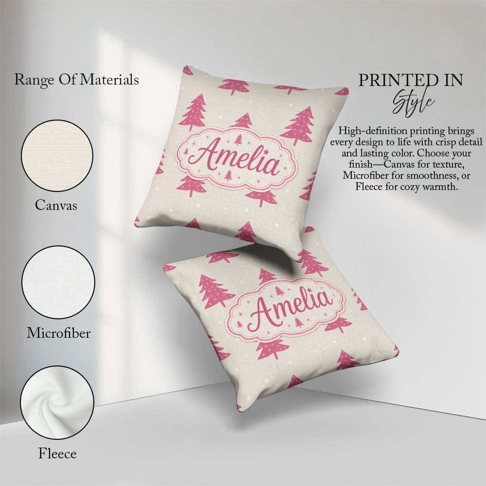 Custom Name Minimal Pink Christmas Trees Seamless Pattern Lovely Square Filled Cushion Throw Pillow Sofa Bed Home Decor Zip Washable UK Made