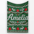 Green Knitted Christmas Reindeer Fair Isle Seamless Pattern Lovely  Personalised Custom Name Super Soft Fleece Blanket Bed Sofa Throw