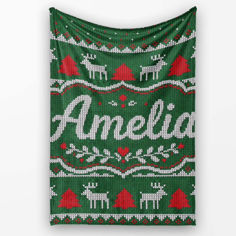 Green Knitted Christmas Reindeer Fair Isle Seamless Pattern Lovely  Personalised Custom Name Super Soft Fleece Blanket Bed Sofa Throw