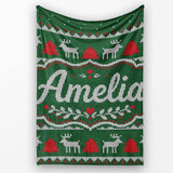 Green Knitted Christmas Reindeer Fair Isle Seamless Pattern Lovely  Personalised Custom Name Super Soft Fleece Blanket Bed Sofa Throw