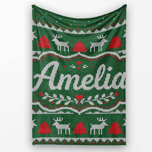 Green Knitted Christmas Reindeer Fair Isle Seamless Pattern Lovely  Personalised Custom Name Super Soft Fleece Blanket Bed Sofa Throw