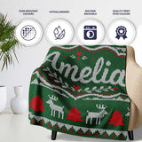 Green Knitted Christmas Reindeer Fair Isle Seamless Pattern Lovely  Personalised Custom Name Super Soft Fleece Blanket Bed Sofa Throw