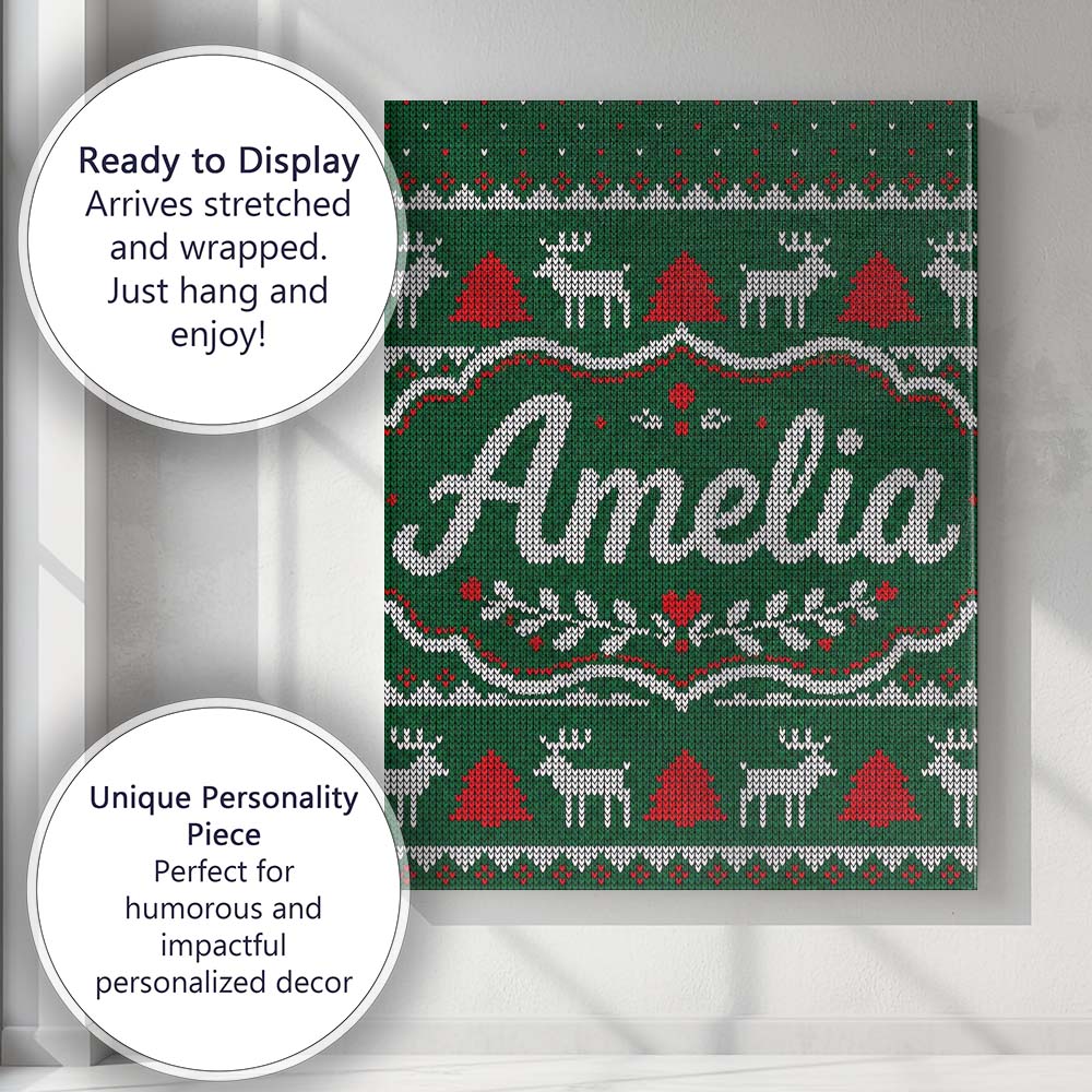 Personalised Name Green Knitted Christmas Custom  Unique Gift Idea Elegant Feature Canvas Wall Art Print Decor Picture Ready to Hang