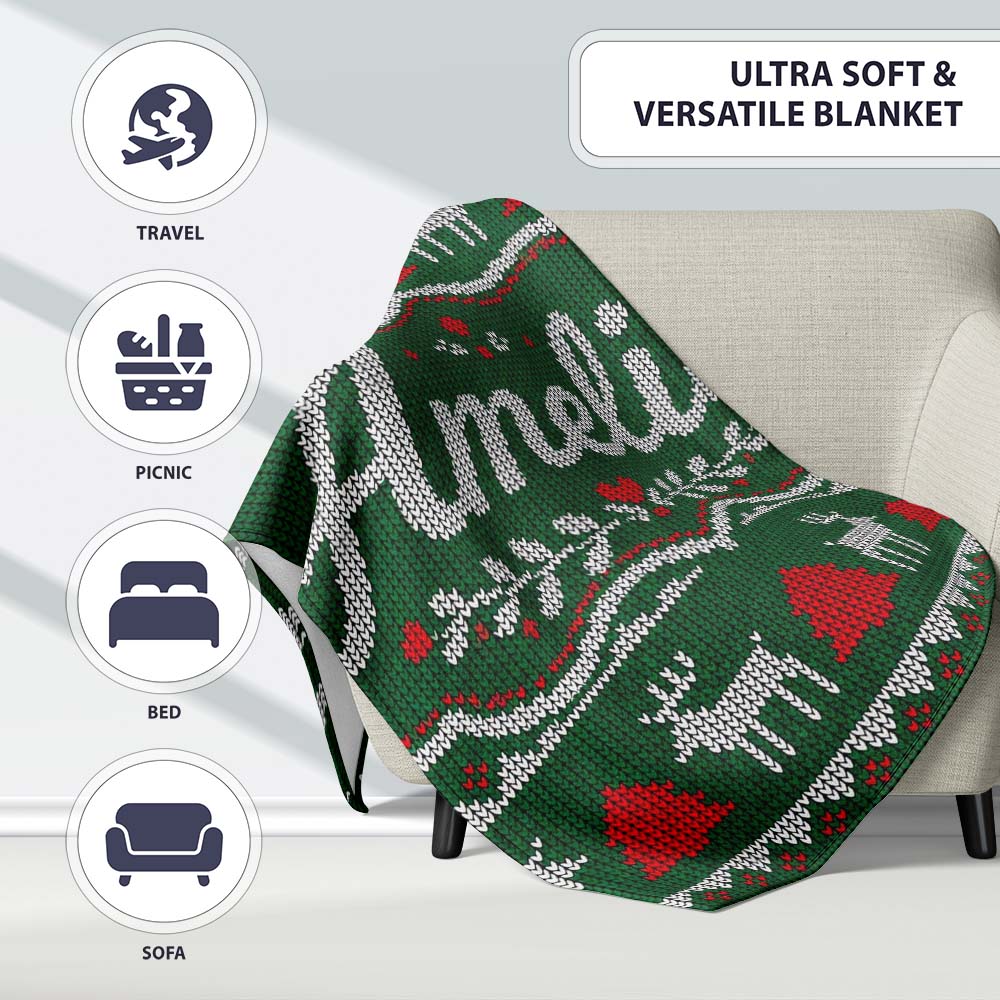 Green Knitted Christmas Reindeer Fair Isle Seamless Pattern Lovely  Personalised Custom Name Super Soft Fleece Blanket Bed Sofa Throw