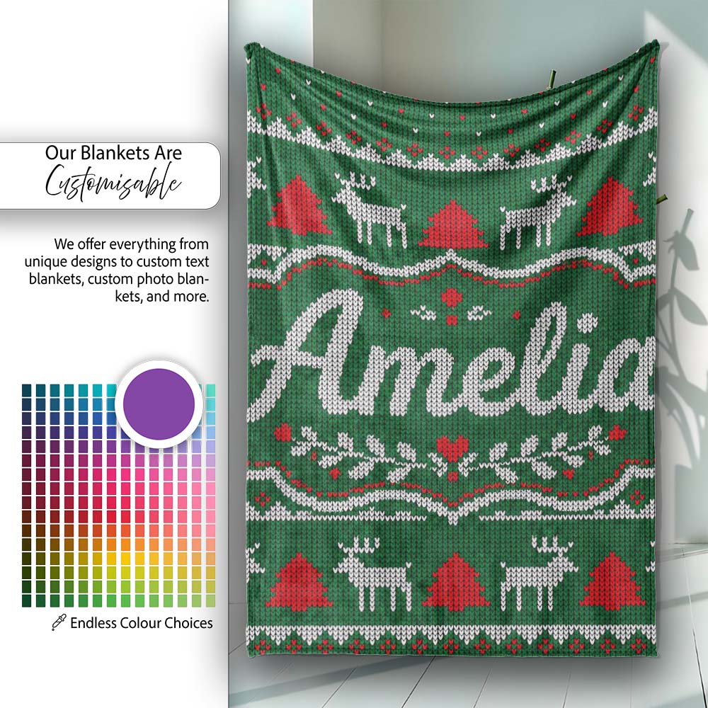 Green Knitted Christmas Reindeer Fair Isle Seamless Pattern Lovely  Personalised Custom Name Super Soft Fleece Blanket Bed Sofa Throw