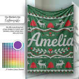Green Knitted Christmas Reindeer Fair Isle Seamless Pattern Lovely  Personalised Custom Name Super Soft Fleece Blanket Bed Sofa Throw