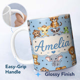 Personalized Custom Name Cute Jungle Baby Animals Lion Tiger Elephant Giraffe Sky Blue Lovely 11oz Ceramic Coffee Tea Mug White Large Handle
