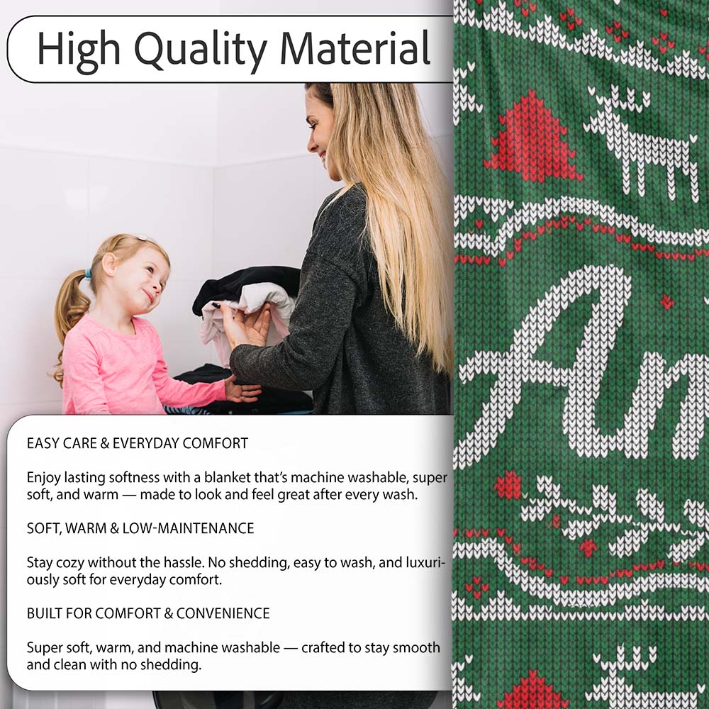 Green Knitted Christmas Reindeer Fair Isle Seamless Pattern Lovely  Personalised Custom Name Super Soft Fleece Blanket Bed Sofa Throw