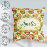 Custom Name Watercolor Fresh Burger Seamless Pattern White Food Square Filled Cushion Throw Pillow Sofa Bed Home Decor Zip Washable UK Made