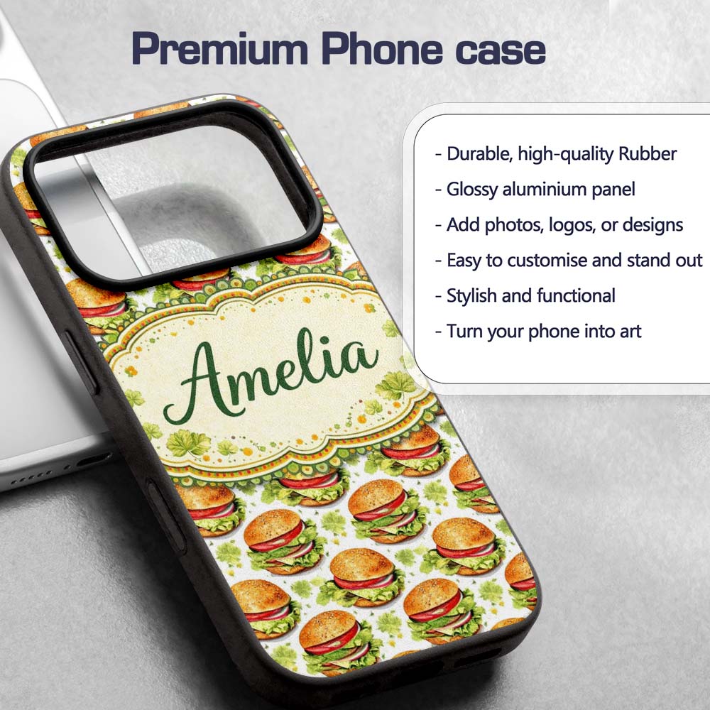 Watercolor Fresh Burger Seamless Pattern White Custom Name Protective Phone Case Mobile Cover Durable Everyday Smartphone Shock Resistant