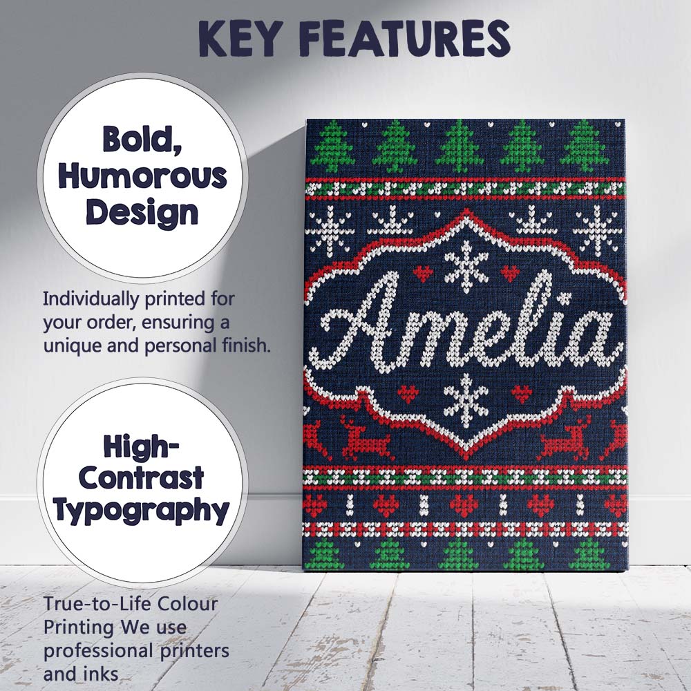 Personalised Name Blue Red Christmas Custom Premium Decorative Design Modern Room Accent Canvas Wall Art Print Decor Picture Ready to Hang