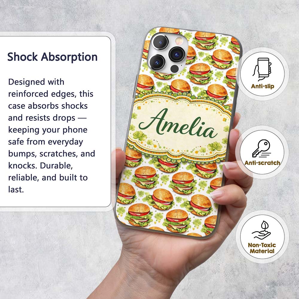 Watercolor Fresh Burger Seamless Pattern White Custom Name Protective Phone Case Mobile Cover Durable Everyday Smartphone Shock Resistant