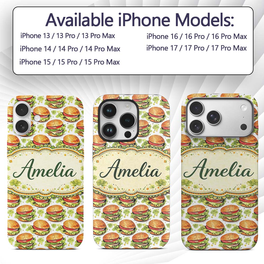 Watercolor Fresh Burger Seamless Pattern White Custom Name Protective Phone Case Mobile Cover Durable Everyday Smartphone Shock Resistant
