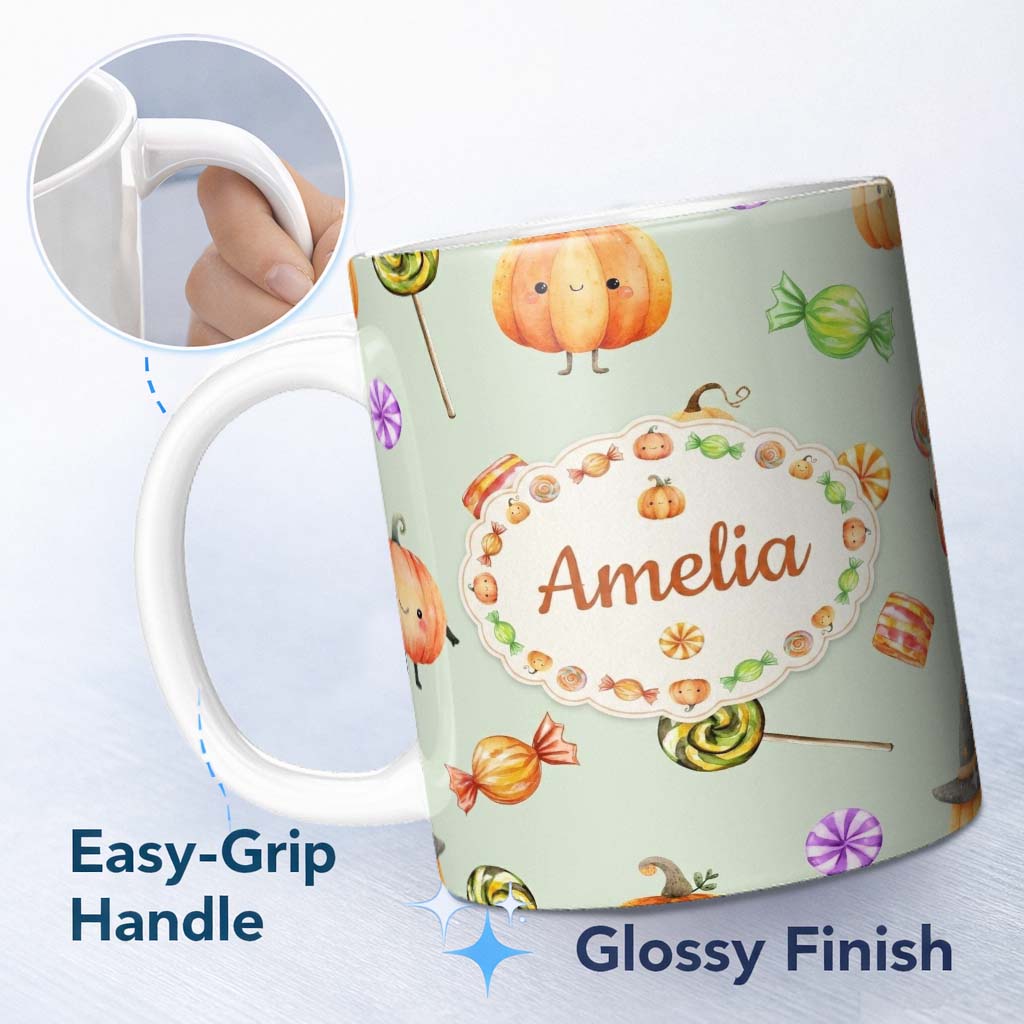 Personalized Custom Name Cute Watercolor Pumpkins and Candy Sweets on Cream Background Lovely 11oz Ceramic Coffee Tea Mug White Large Handle